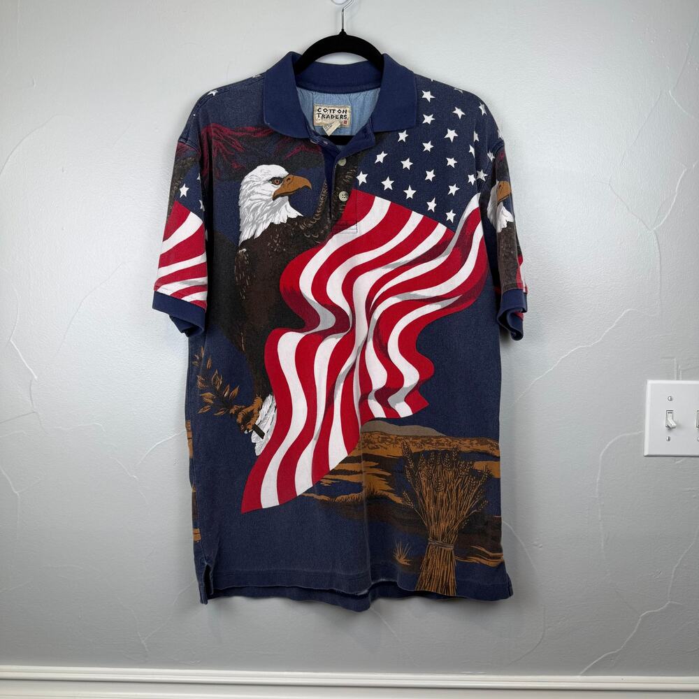 Cotton Traders Mens Patriotic Polo Size M USA Flag Eagle 90s Americana